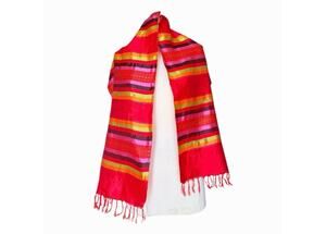 Handwoven Kikoy Cotton Wrap Scarf Red Multicolor Striped Fringe Shawl Vibrant